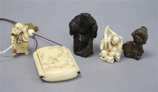 A group of modern bone and wood inro and netsuke